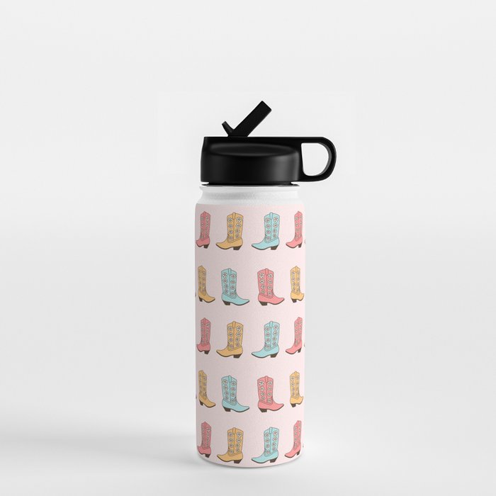Cowgirl Boots and Daisies, Blush Pink, Mint, Cute Pastel Cowboy Pattern Water Bottle Gallery Image 1