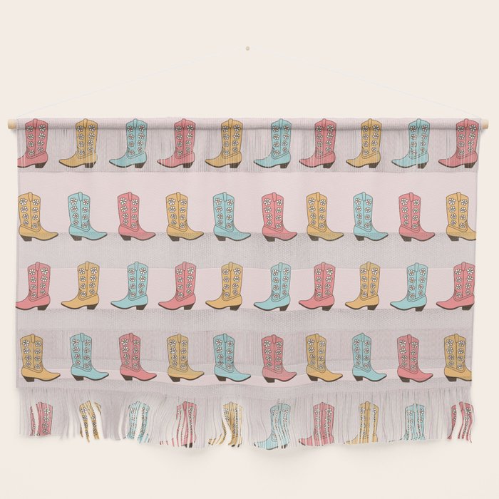 Cowgirl Boots and Daisies, Blush Pink, Mint, Cute Pastel Cowboy Pattern Wall Hanging Gallery Image 1
