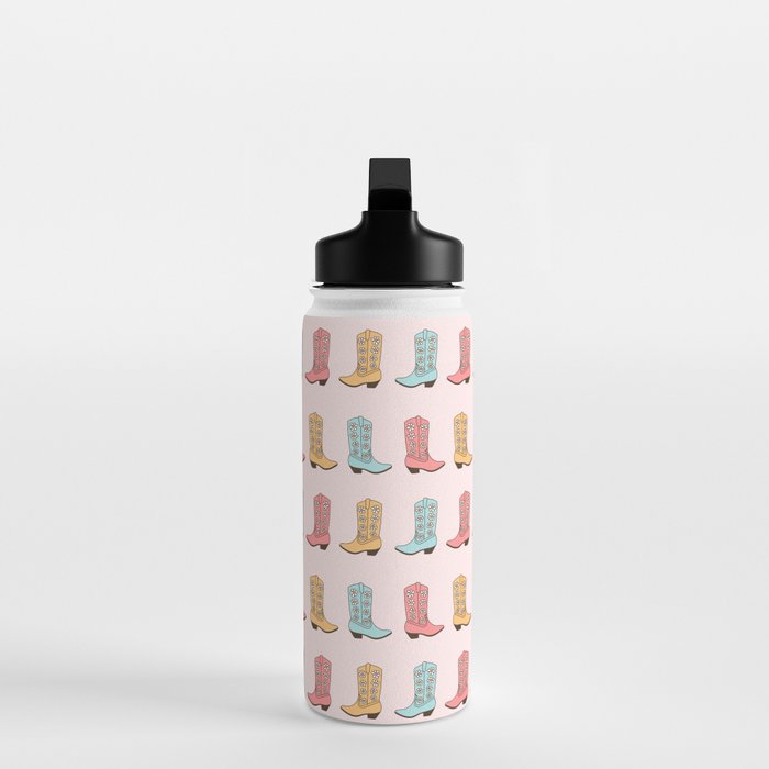 Cowgirl Boots and Daisies, Blush Pink, Mint, Cute Pastel Cowboy Pattern Water Bottle Gallery Image 3