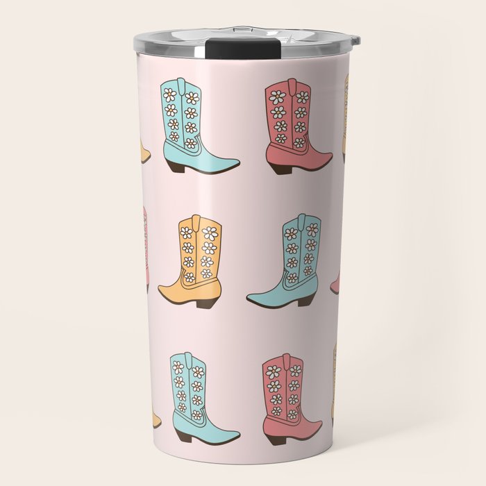 Cowgirl Boots and Daisies, Blush Pink, Mint, Cute Pastel Cowboy Pattern Travel Mug Gallery Image 1