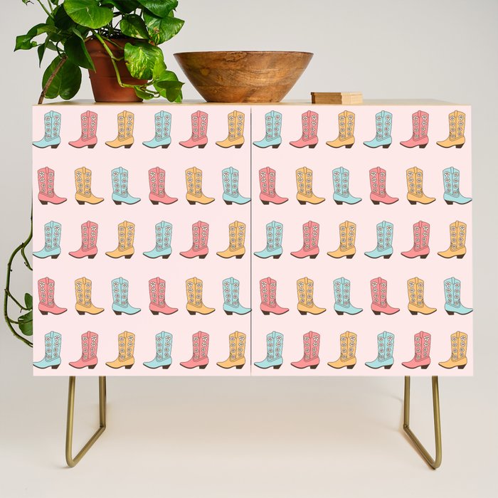 Cowgirl Boots and Daisies, Blush Pink, Mint, Cute Pastel Cowboy Pattern Credenza Gallery Image 1