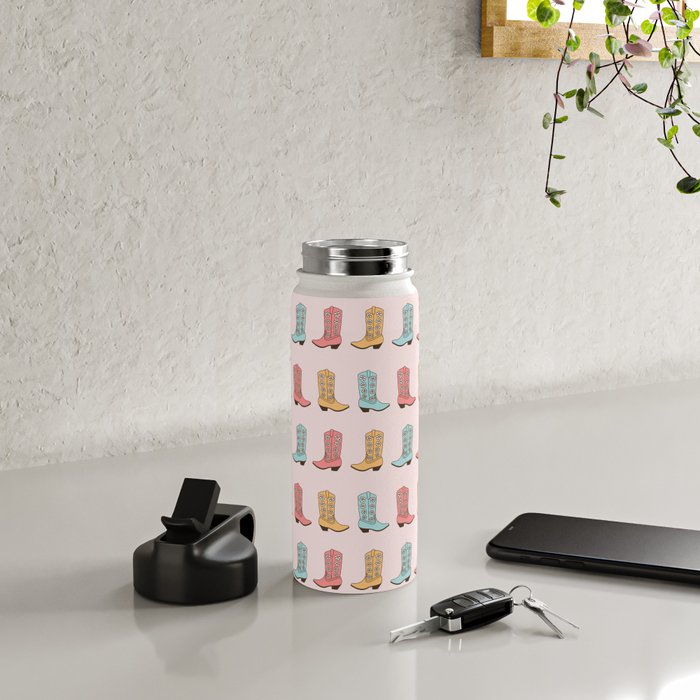 Cowgirl Boots and Daisies, Blush Pink, Mint, Cute Pastel Cowboy Pattern Water Bottle Gallery Image 4