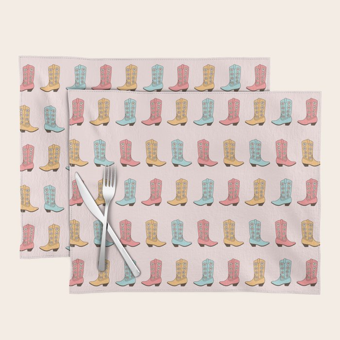 Cowgirl Boots and Daisies, Blush Pink, Mint, Cute Pastel Cowboy Pattern Placemat Gallery Image 1