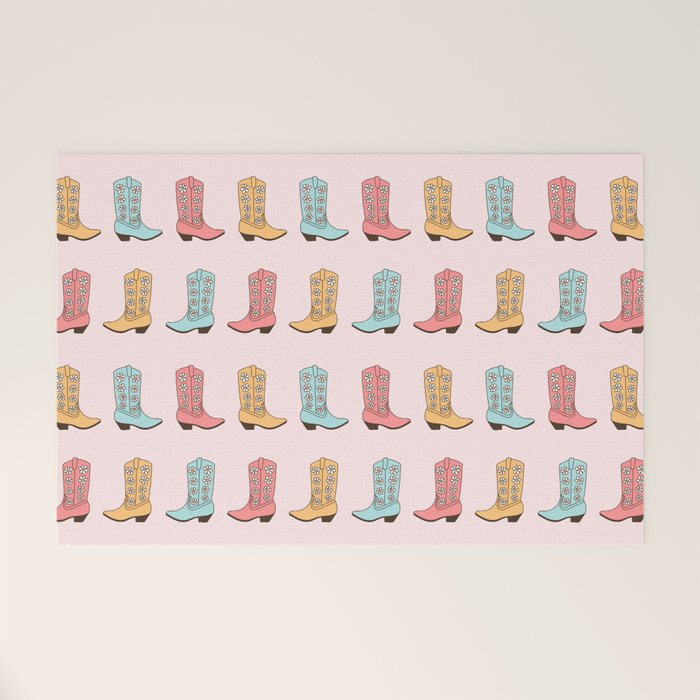 Cowgirl Boots and Daisies, Blush Pink, Mint, Cute Pastel Cowboy Pattern Welcome Mat Gallery Image 1