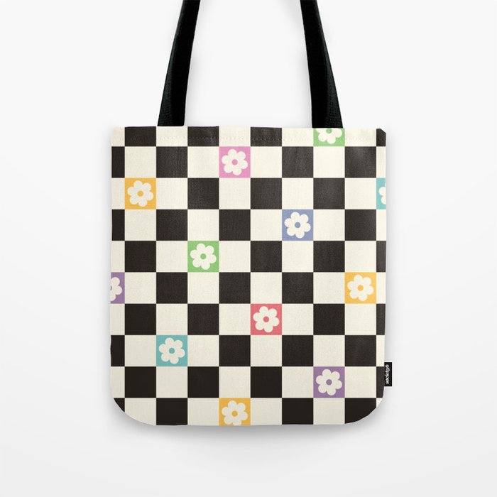 Colorful Flowers Black&White Checker Tote Bag Gallery Image 1