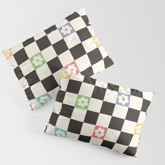Colorful Flowers Black&White Checker Pillow Sham Gallery Image 3