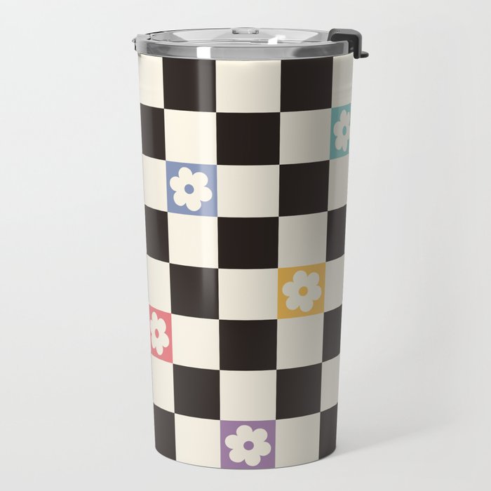 Colorful Flowers Black&White Checker Travel Mug Gallery Image 2