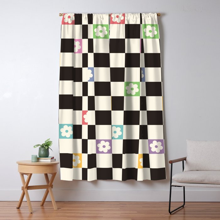 Colorful Flowers Black&White Checker Window Curtain Gallery Image 5
