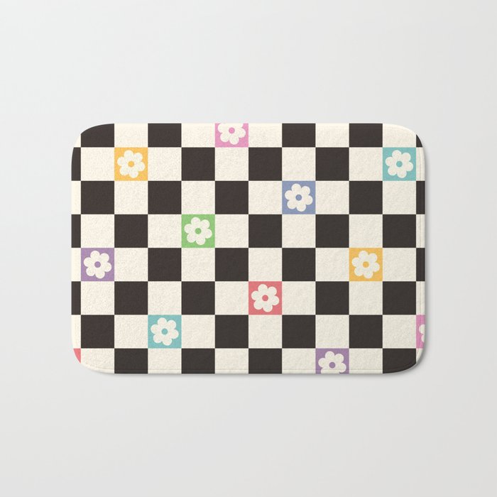 Colorful Flowers Black&White Checker Bath Mat Gallery Image 1