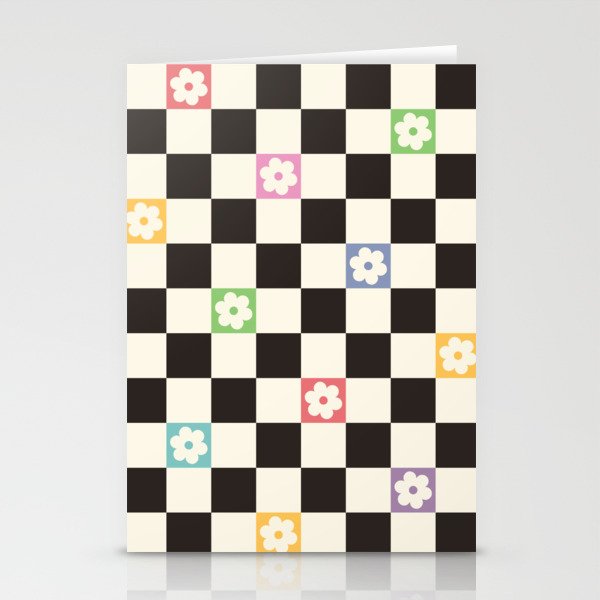 Colorful Flowers Black&White Checker Stationery Card Gallery Image 2