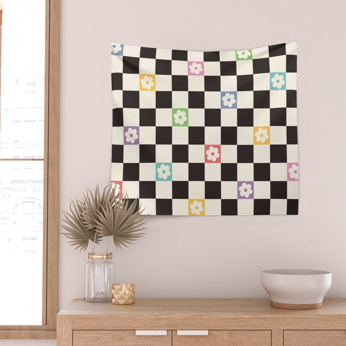 Colorful Flowers Black&White Checker Wall Tapestry Gallery Image 2