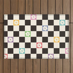 Colorful Flowers Black&White Checker Outdoor Rug Gallery Image 1