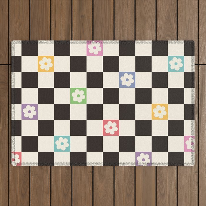 Colorful Flowers Black&White Checker Outdoor Rug Gallery Image 1