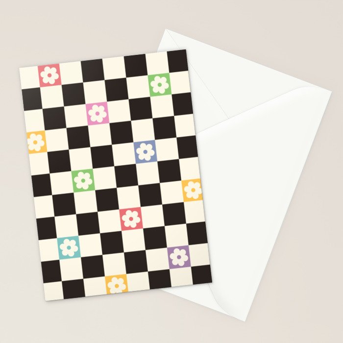 Colorful Flowers Black&White Checker Stationery Card Gallery Image 2