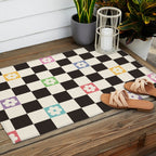 Colorful Flowers Black&White Checker Outdoor Rug Gallery Image 2