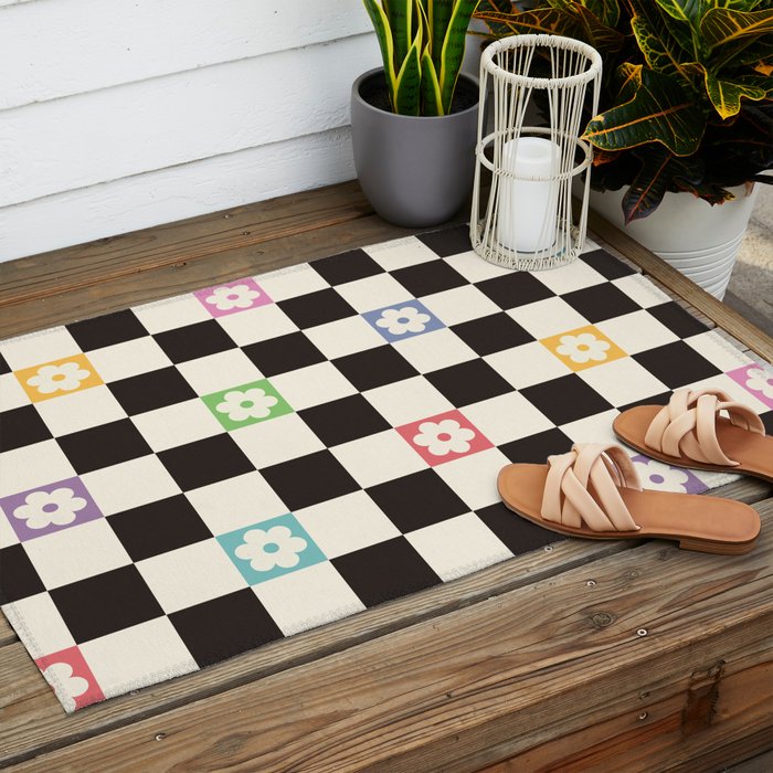 Colorful Flowers Black&White Checker Outdoor Rug Gallery Image 2