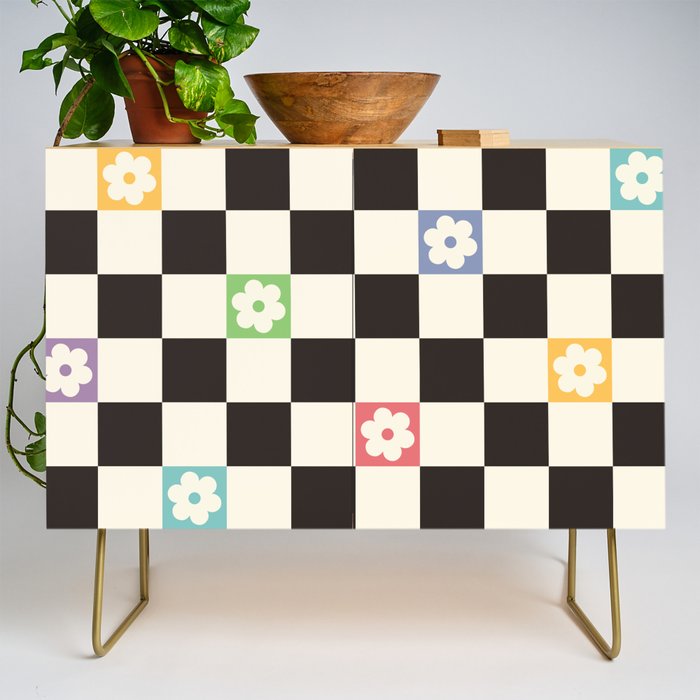 Colorful Flowers Black&White Checker Credenza Gallery Image 1