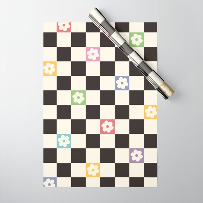 Colorful Flowers Black&White Checker Wrapping Paper Gallery Image 1