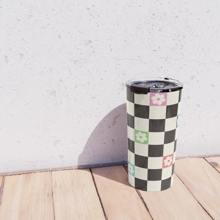Colorful Flowers Black&White Checker Travel Mug Gallery Image 4