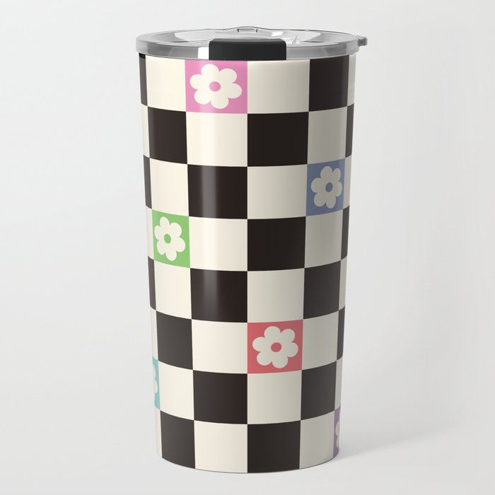 Colorful Flowers Black&White Checker Travel Mug Gallery Image 1