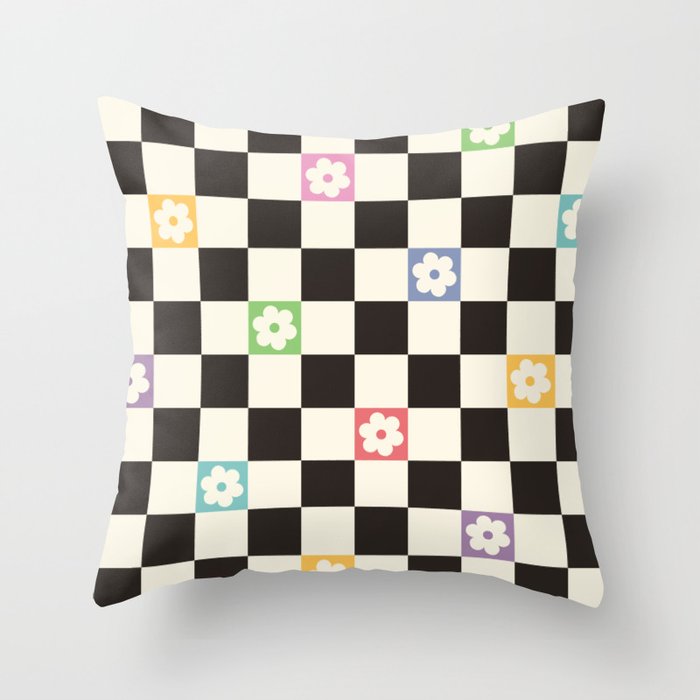 Colorful Flowers Black&White Checker Throw Pillow Gallery Image 6