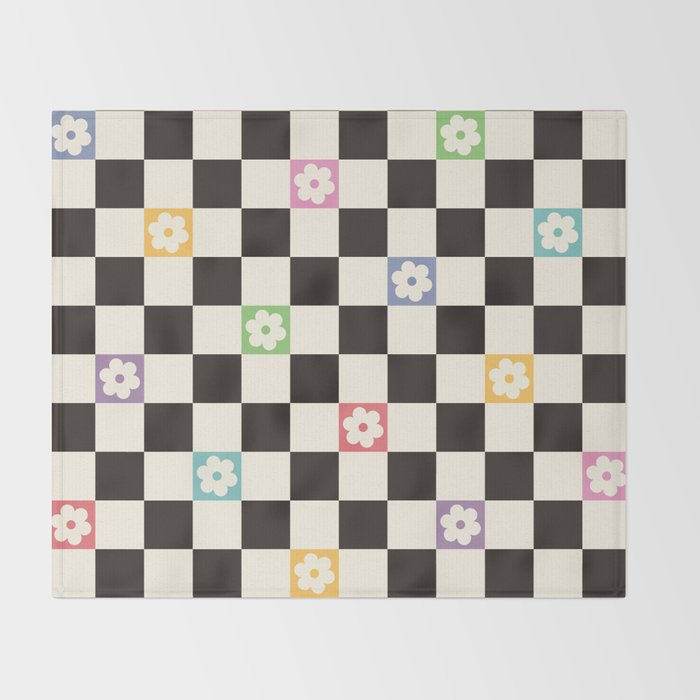 Colorful Flowers Black&White Checker Throw Blanket Gallery Image 2