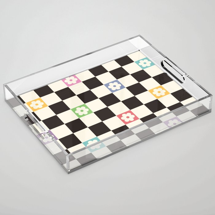 Colorful Flowers Black&White Checker Acrylic Tray Gallery Image 1