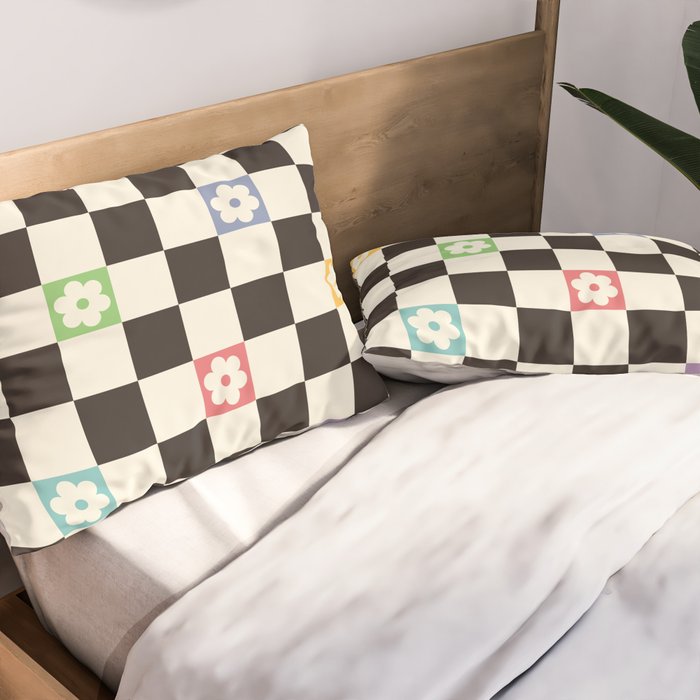 Colorful Flowers Black&White Checker Pillow Sham Gallery Image 2