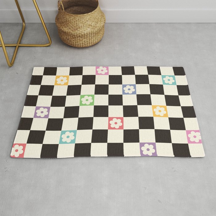 Colorful Flowers Black&White Checker Rug Gallery Image 1