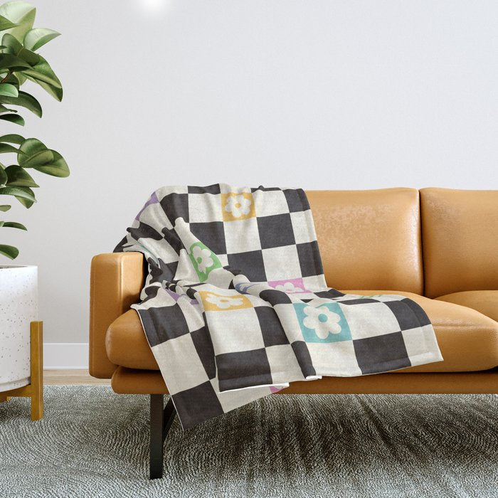 Colorful Flowers Black&White Checker Throw Blanket Gallery Image 1