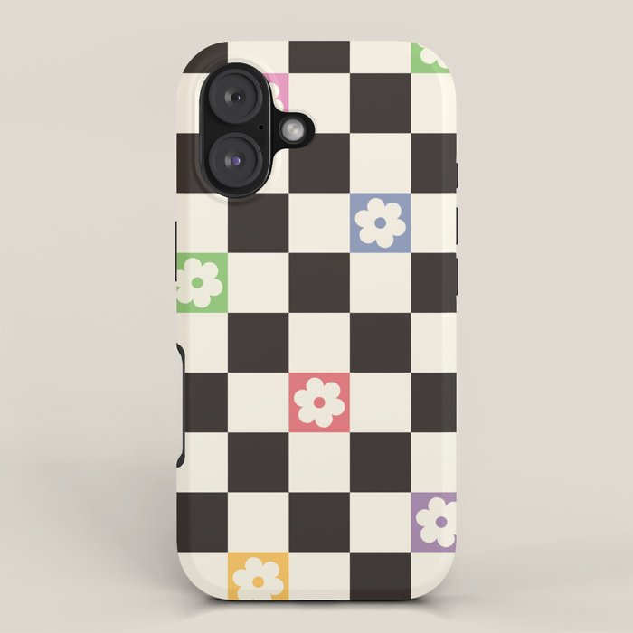 Colorful Flowers Black&White Checker iPhone Case Gallery Image 1
