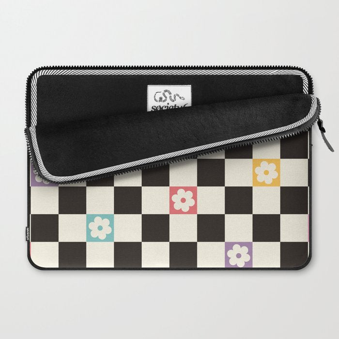 Colorful Flowers Black&White Checker Laptop Sleeve Gallery Image 2