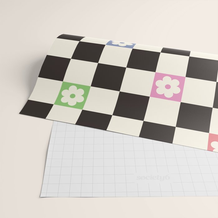 Colorful Flowers Black&White Checker Wrapping Paper Gallery Image 2