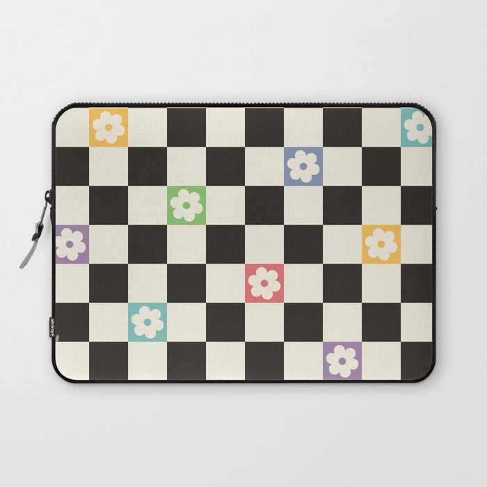 Colorful Flowers Black&White Checker Laptop Sleeve Gallery Image 1