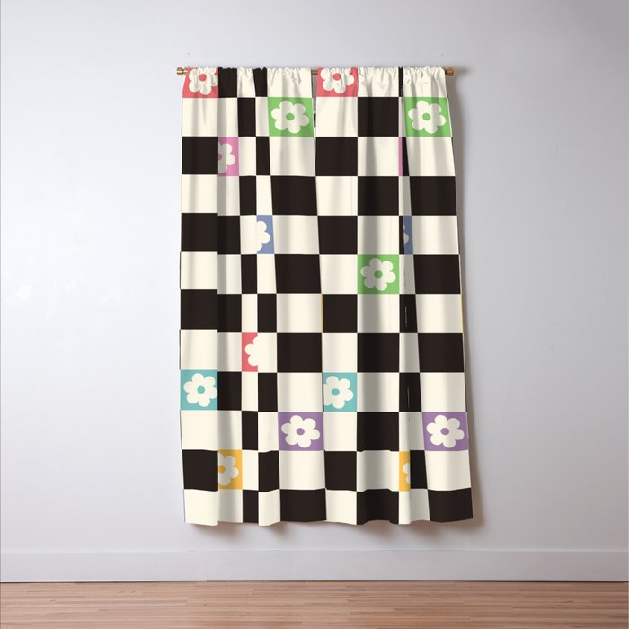 Colorful Flowers Black&White Checker Window Curtain Gallery Image 3