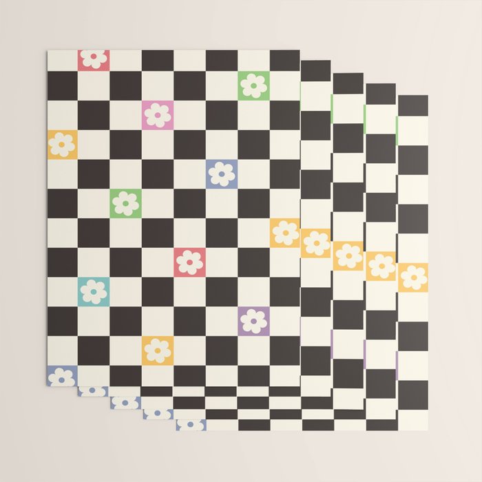 Colorful Flowers Black&White Checker Wrapping Paper Gallery Image 3