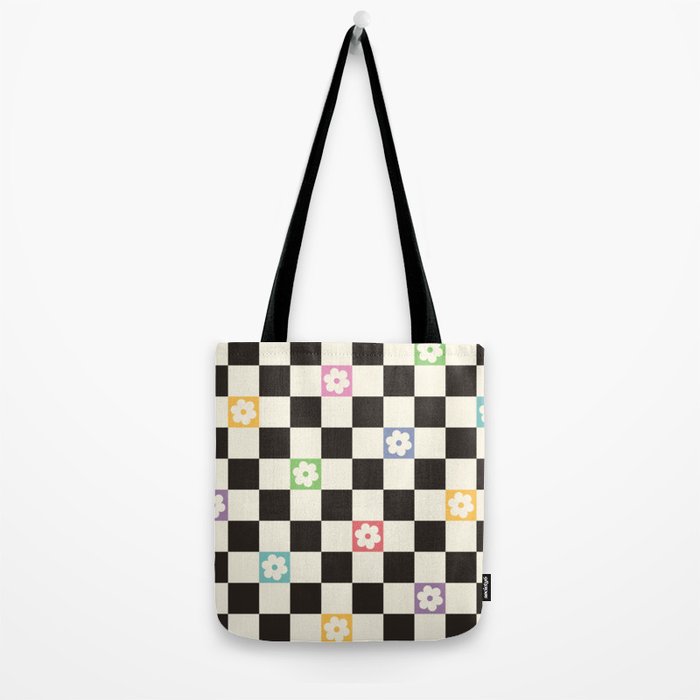 Colorful Flowers Black&White Checker Tote Bag Gallery Image 2