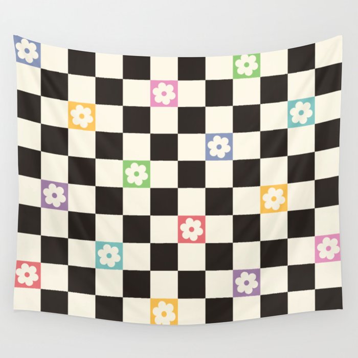 Colorful Flowers Black&White Checker Wall Tapestry Gallery Image 4