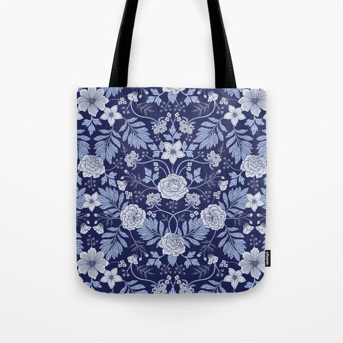 Light Blue, Cobalt Blue, & White Floral Pattern Tote Bag Gallery Image 1
