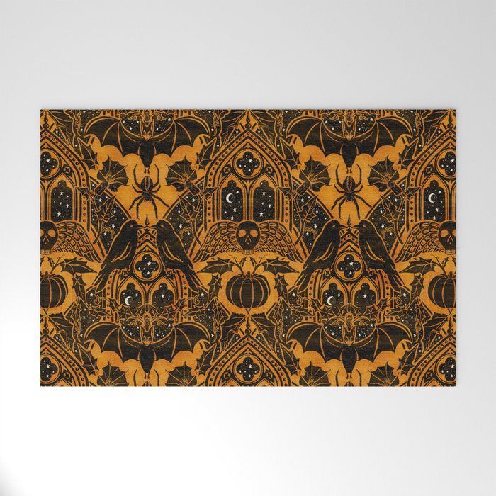 Gothic Halloween Damask - jack oâlantern gold and black  Welcome Mat Gallery Image 1