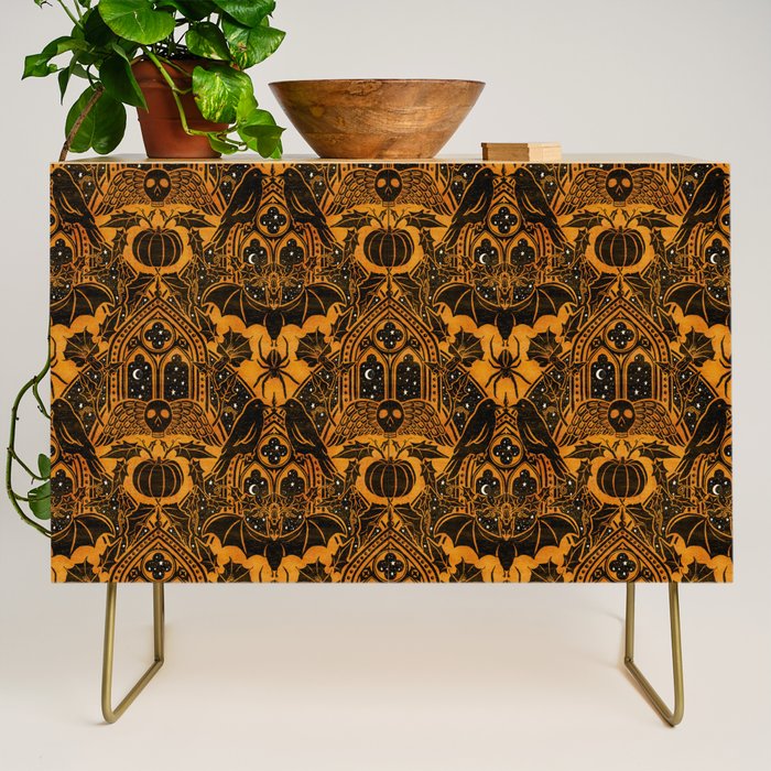 Gothic Halloween Damask - jack oâlantern gold and black  Credenza Gallery Image 1