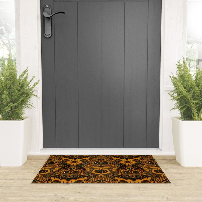 Gothic Halloween Damask - jack oâlantern gold and black  Welcome Mat Gallery Image 3