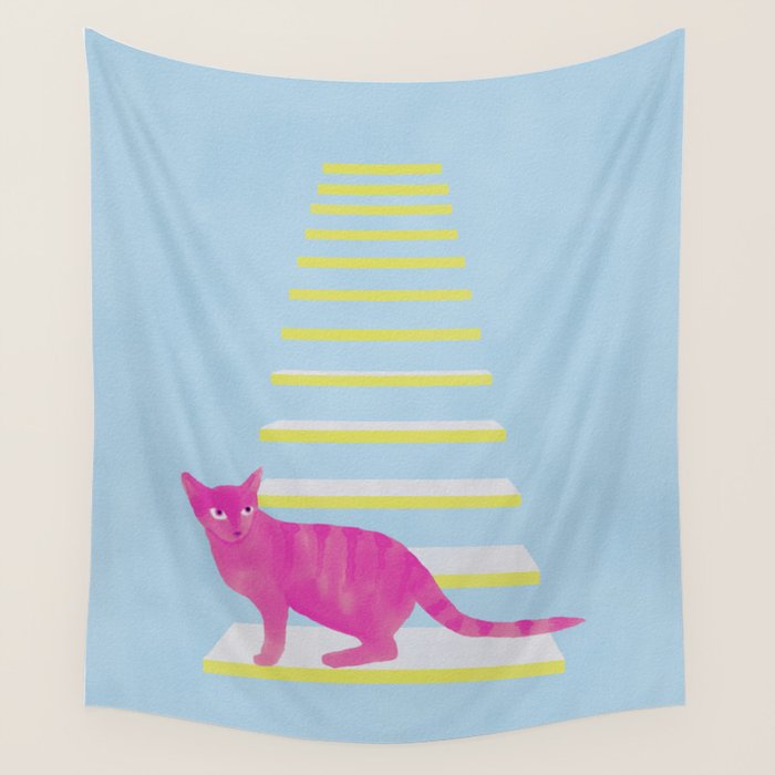 Cat on the Stairs - Pink Wall Tapestry Gallery Image 4