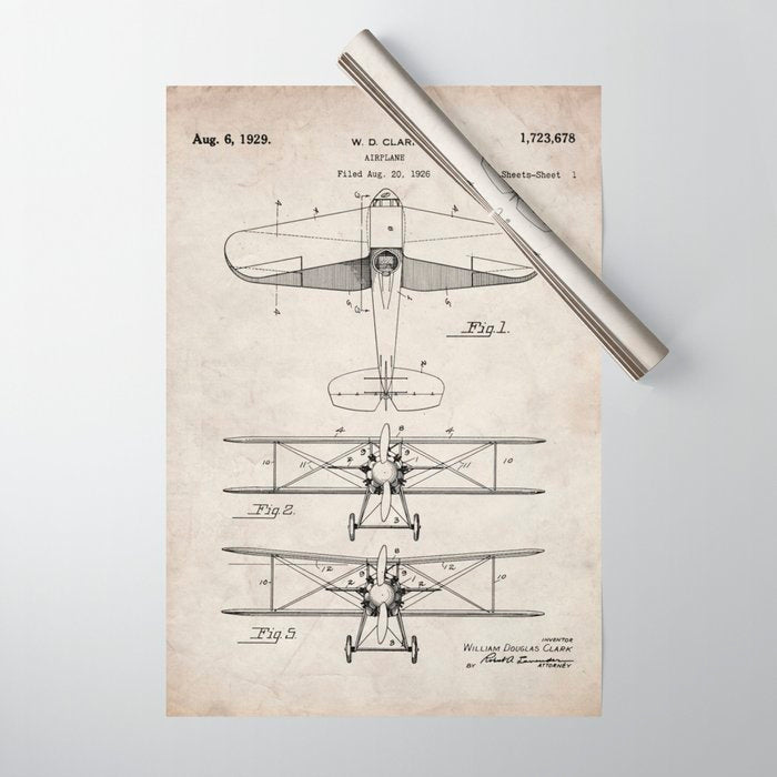 Biplane Patent - Aviation Art - Antique Wrapping Paper Gallery Image 1
