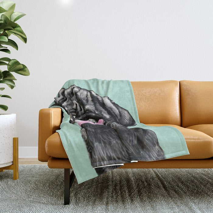 Bubble Gum Black Pug in Green Throw Blanket Gallery Image 1