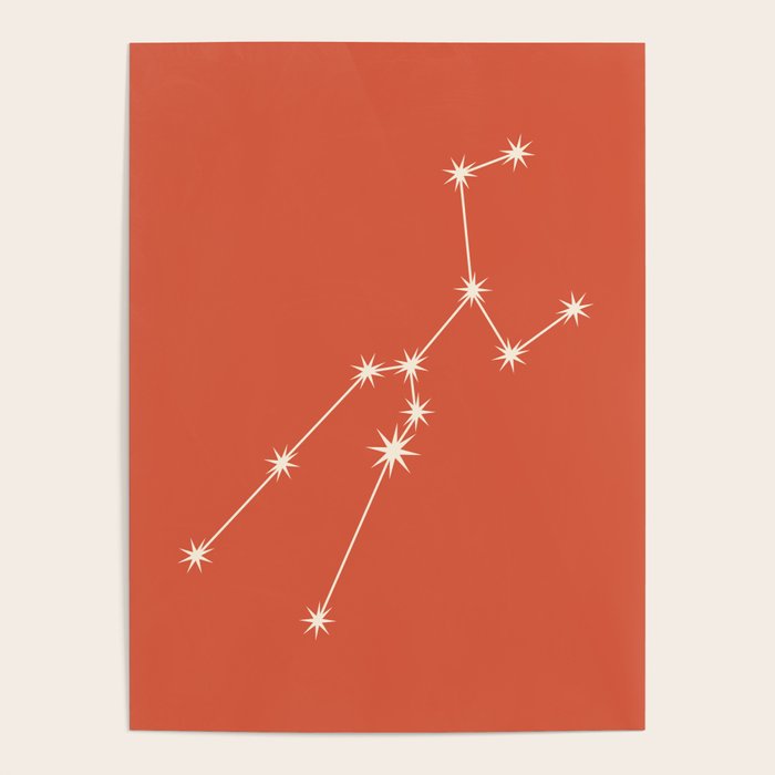 Taurus Zodiac Star Constellation Line Art Coral Red Poster Gallery Image 1