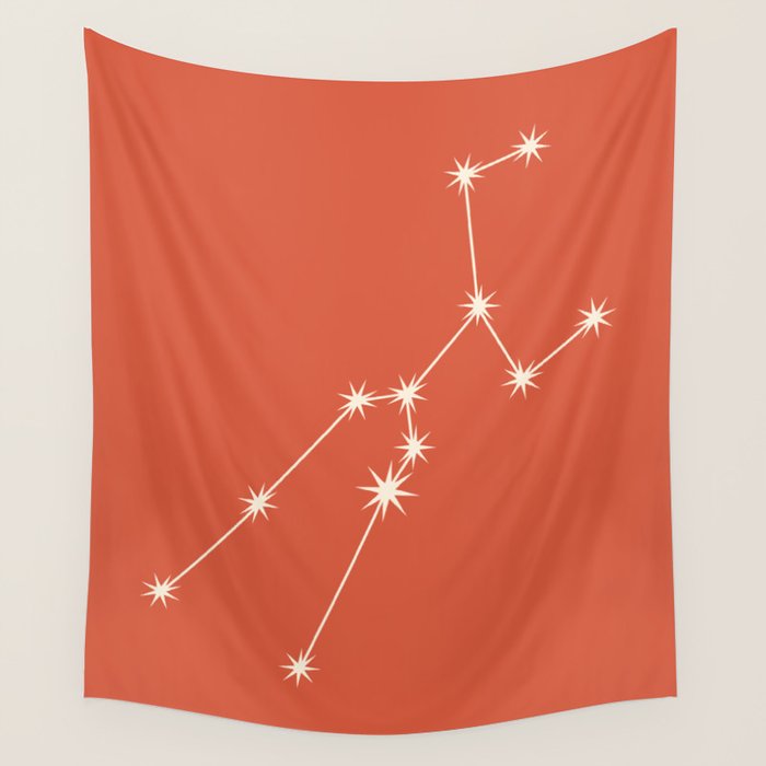 Taurus Zodiac Star Constellation Line Art Coral Red Wall Tapestry Gallery Image 4