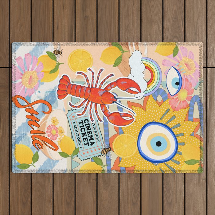 Eclectic Boho Summer Poster ,Good Vibes, Citrus, Sea Life Outdoor Rug Gallery Image 1