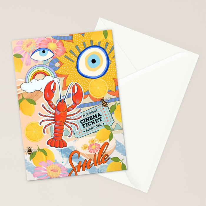 Eclectic Boho Summer Poster ,Good Vibes, Citrus, Sea Life Stationery Card Gallery Image 2