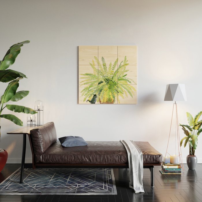 Cat and Fern Wood Wall Art Gallery Image 2